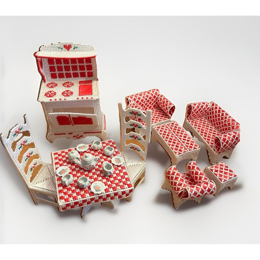 Completed Plastic Canvas Lot of Doll House Furniture Kitchen, Bedroom, Sofa, etc